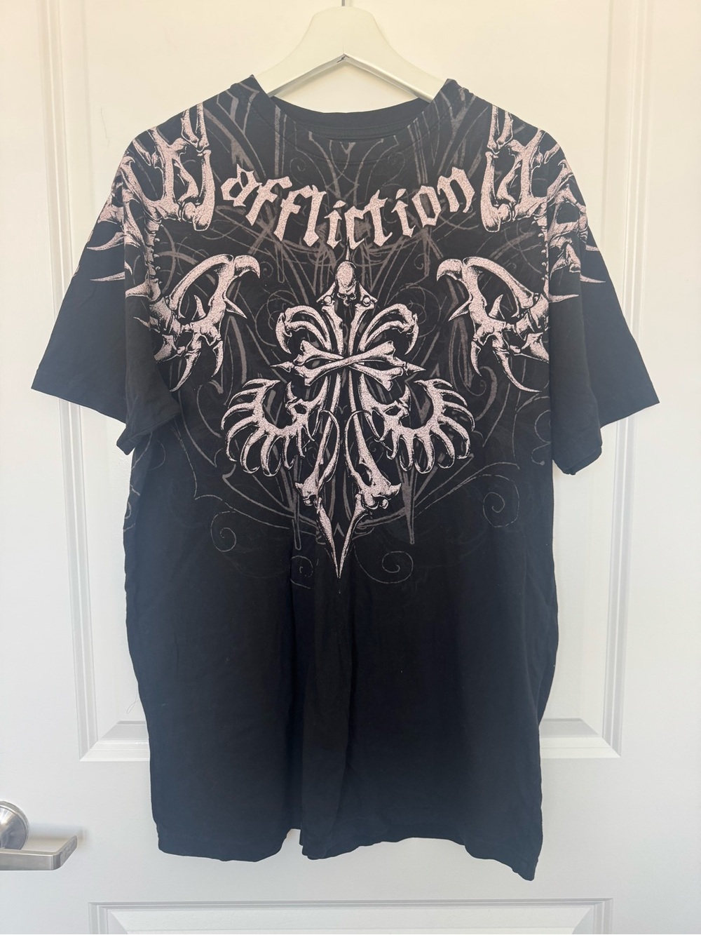 Affliction XL Black Graphic T Shirt Skull Skeleton Gothic Biker Wings bones Y2K